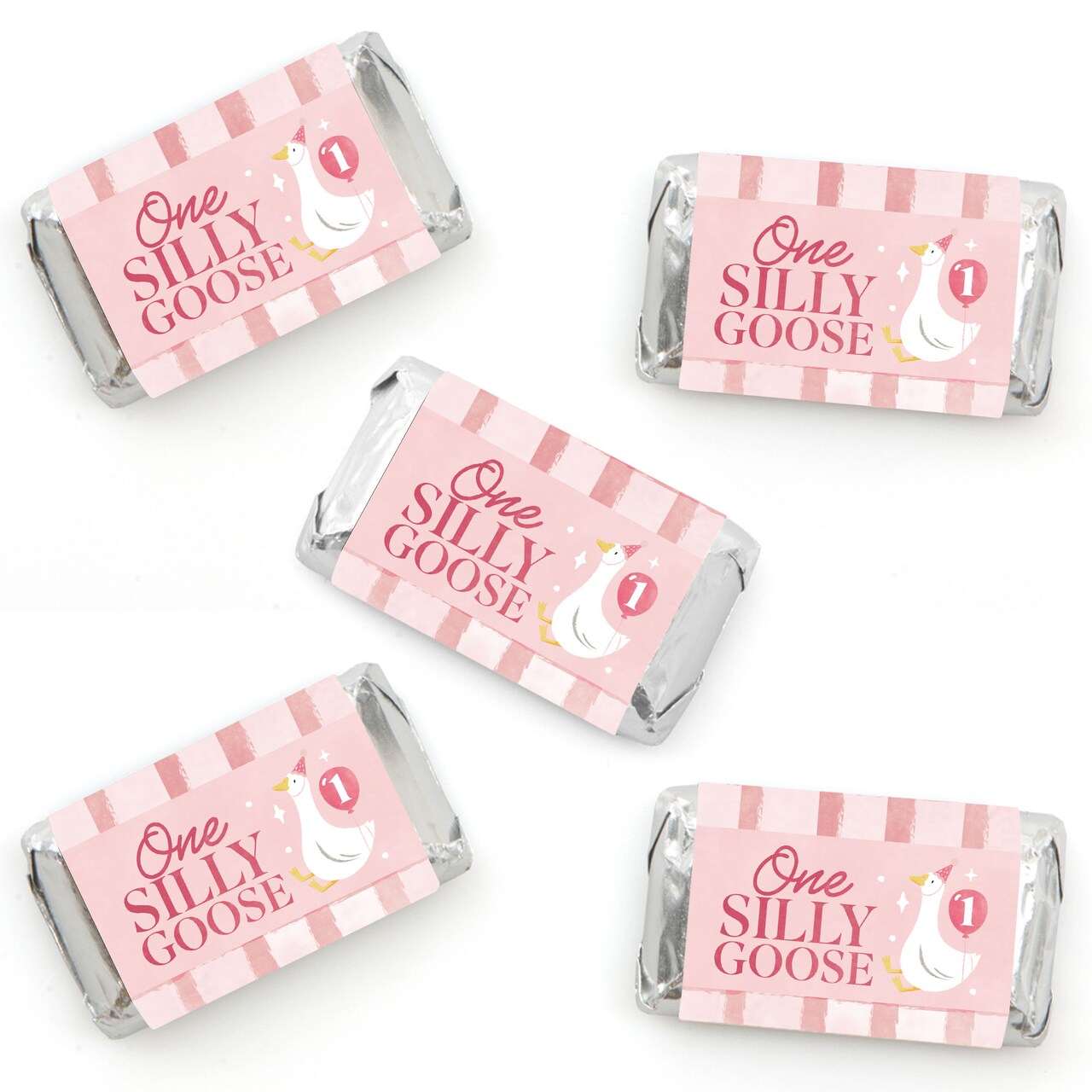 Big Dot of Happiness One Silly Goose Pink Party Mini Candy Bar Wrapper Stickers, Small Girl 1st Birthday Favors, Decorative Sticker Labels - 40 Count